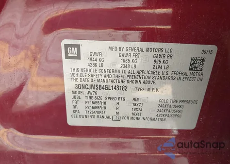 2016 Chevrolet Trax Ltz z USA, uszkodzony, nr VIN 3GNCJMSB4GL143182